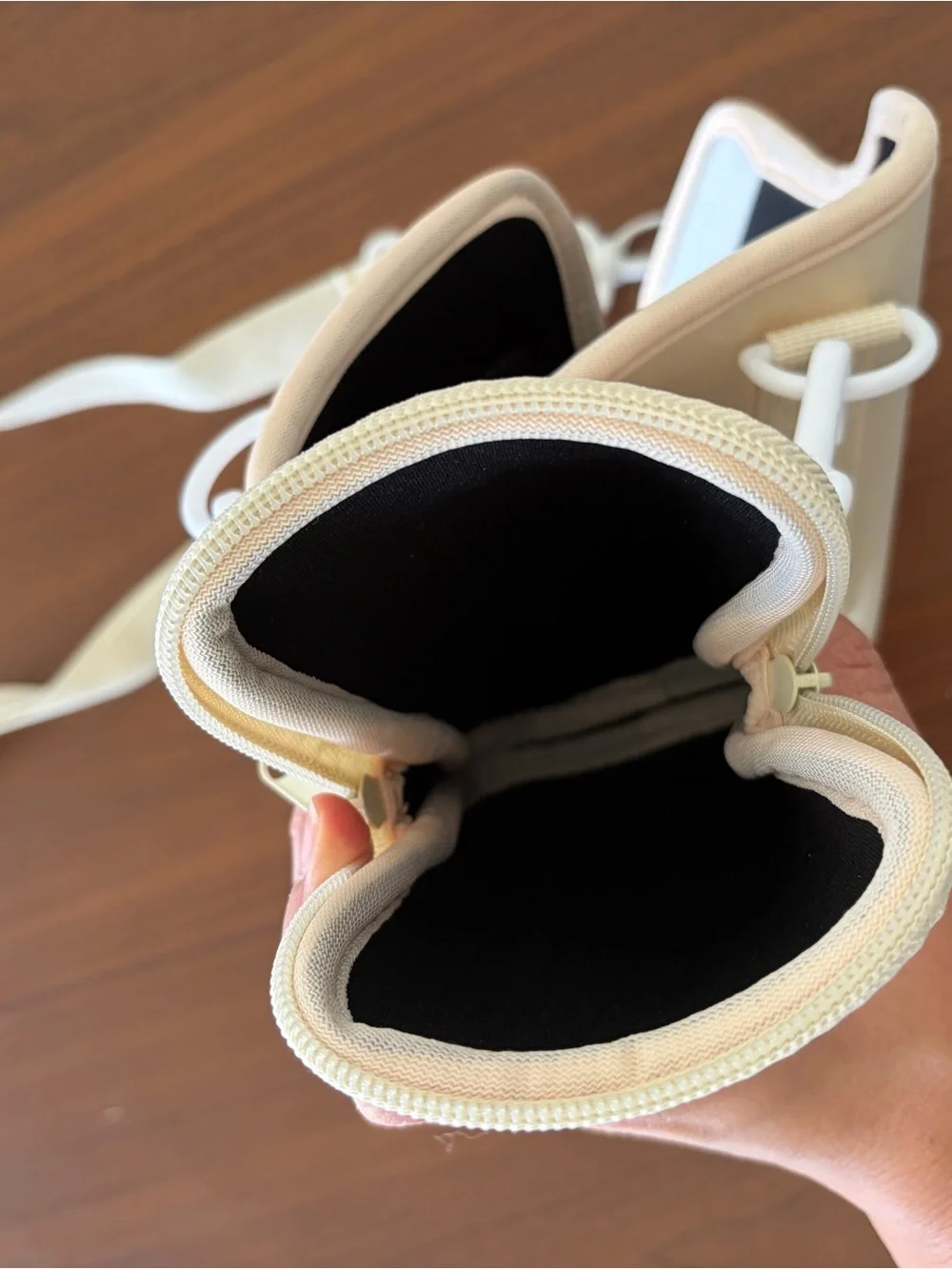 Cream water bottle carrier bag with phone pocket for Stanley 40oz tumbler